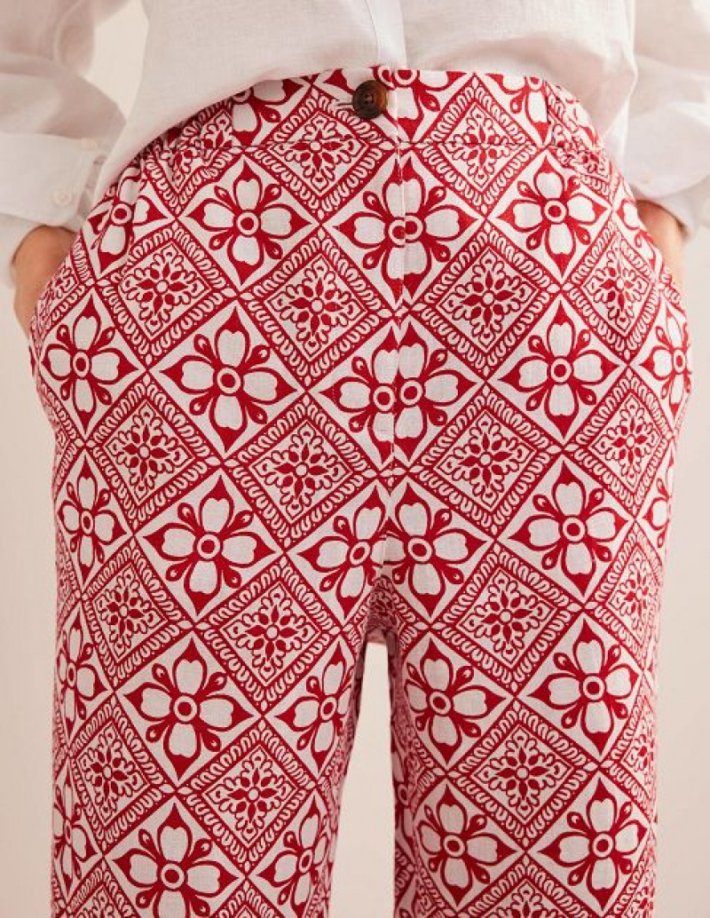 Pink / white Women's Boden Pull-on Linen Pants | 26835TGPZ