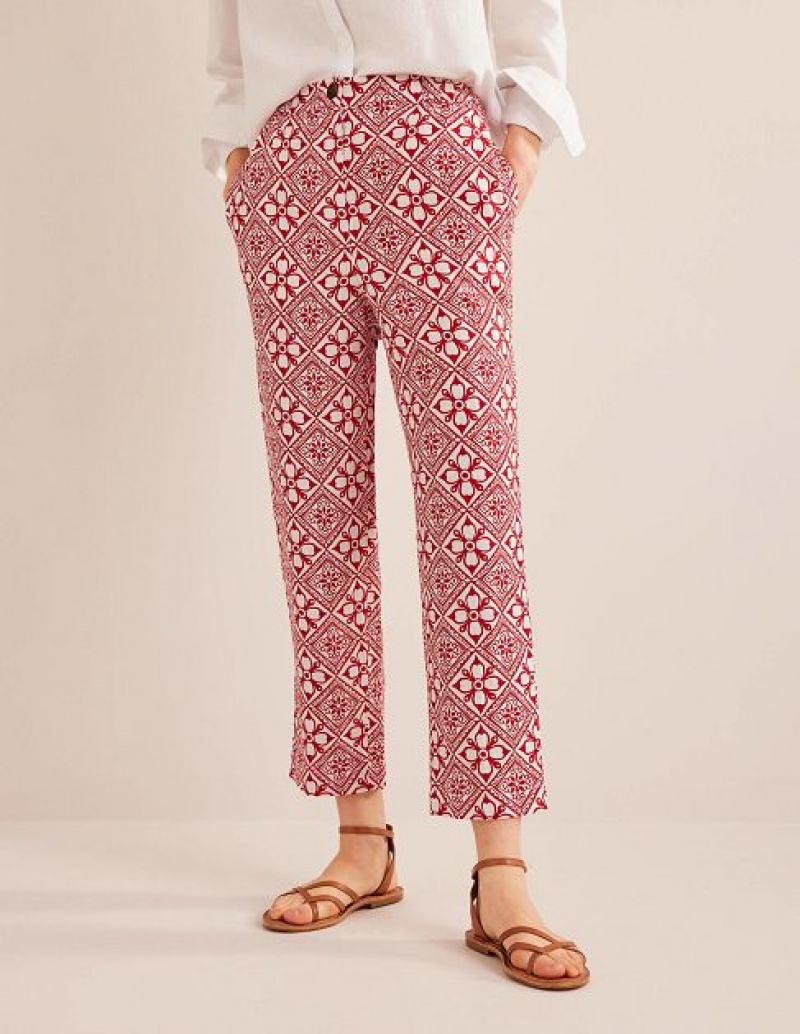 Pink / white Women's Boden Pull-on Linen Pants | 26835TGPZ