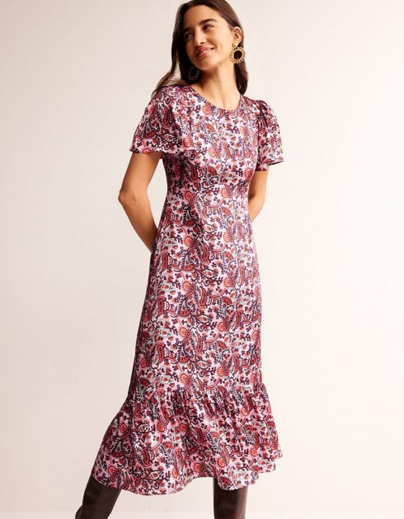 Purple Pink Women's Boden Tiered Flutter Midi Dress | 70891FXNE