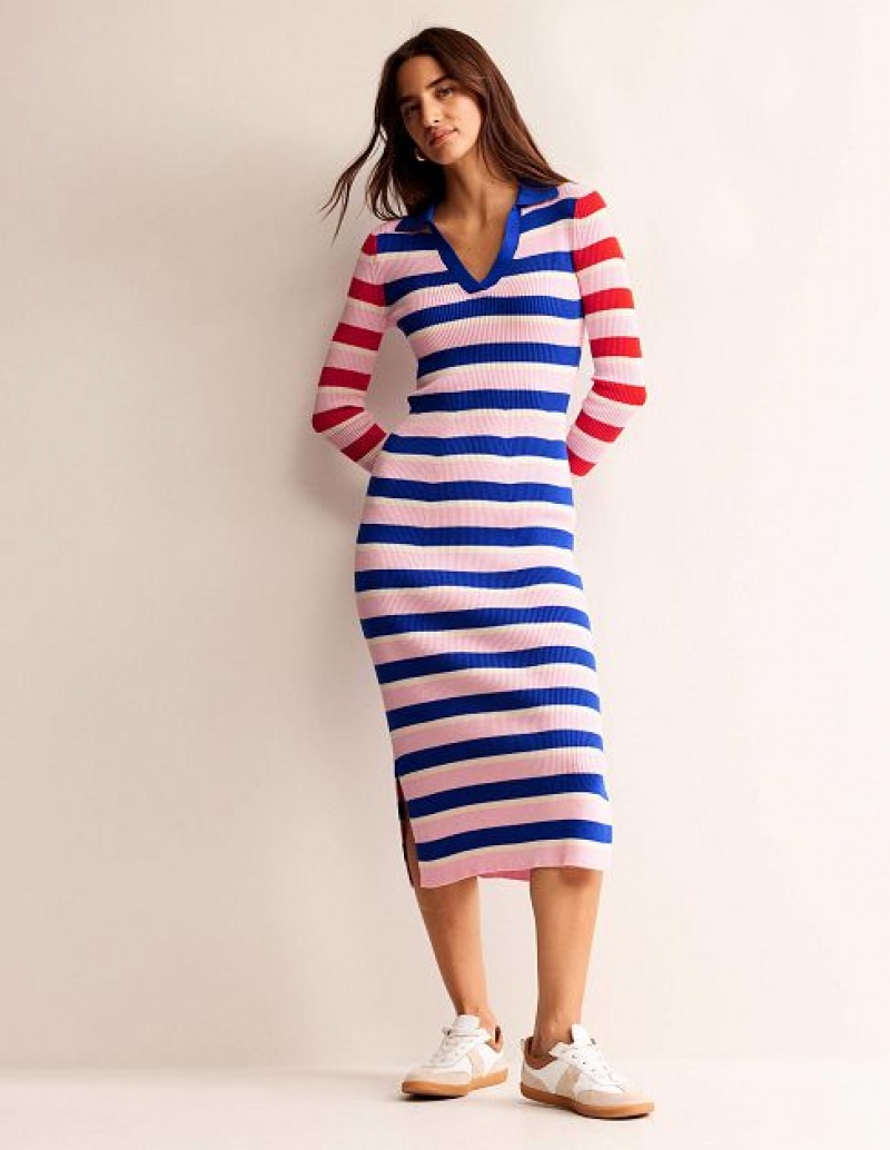 Purple Pink / White Women\'s Boden Collared Rib Dress | 24163DZQE