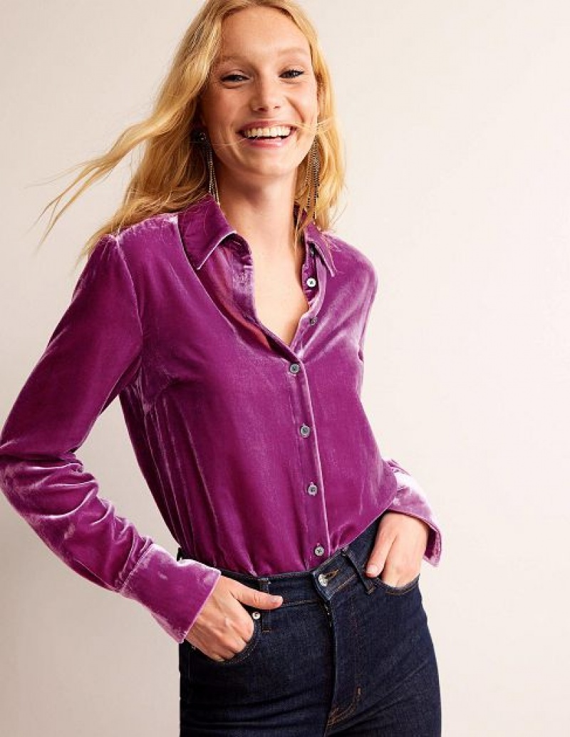 Purple Women's Boden Sienna Velvet Shirts | 57402ONQX