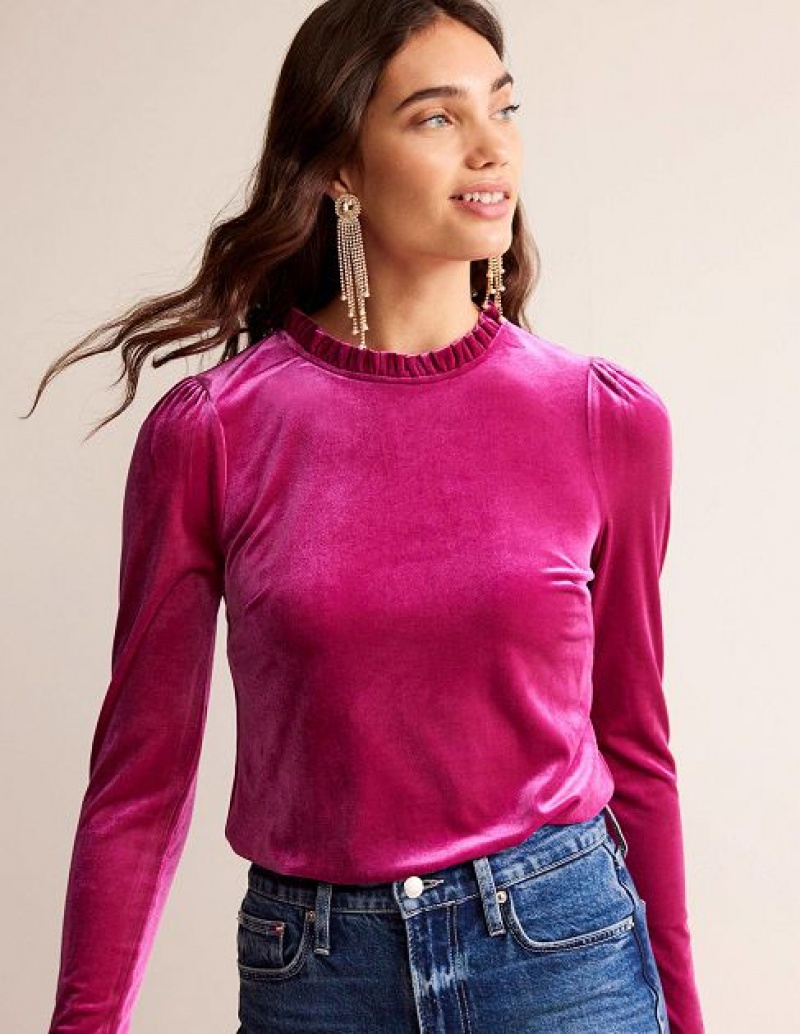 Purple Women's Boden Velvet Frill Detail Tops | 01547TCNY