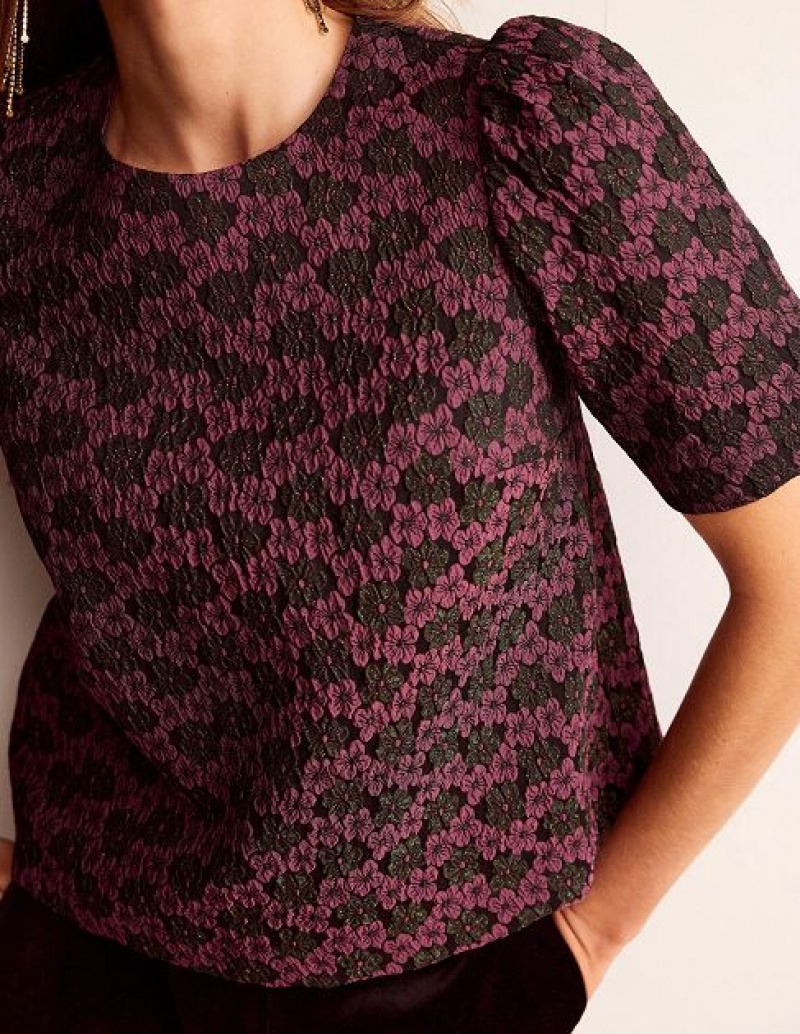 Purple / Black Women's Boden Jacquard Short Sleeve Tops | 25367NUWP