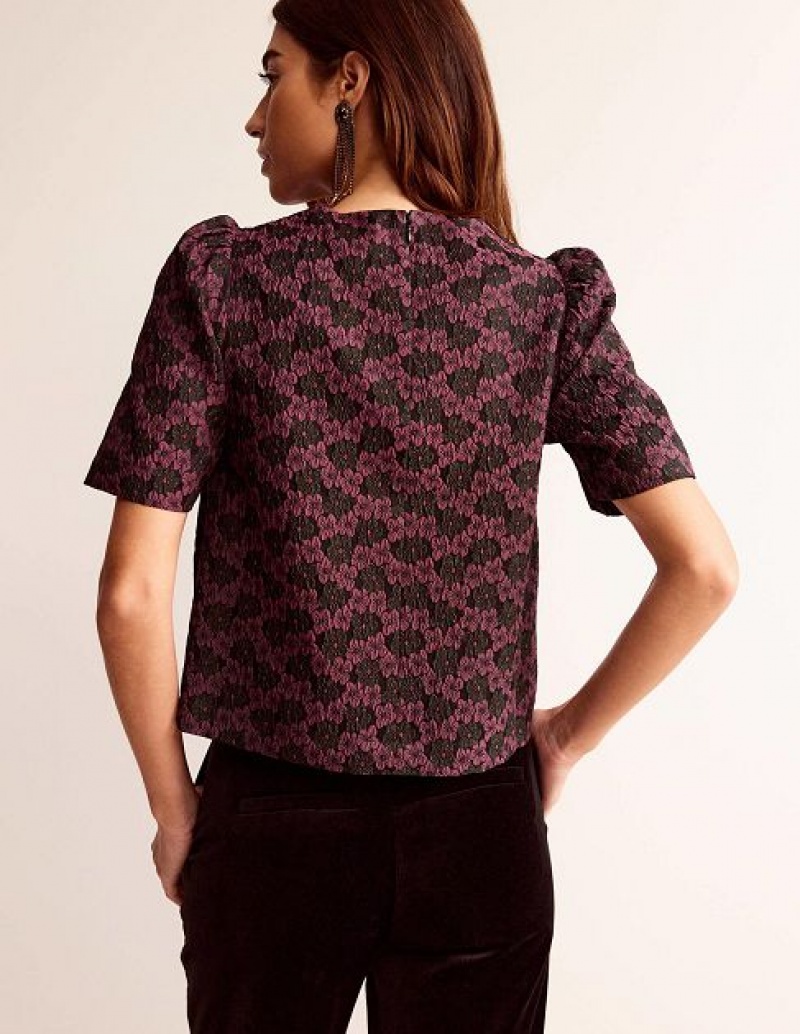 Purple / Black Women's Boden Jacquard Short Sleeve Tops | 25367NUWP