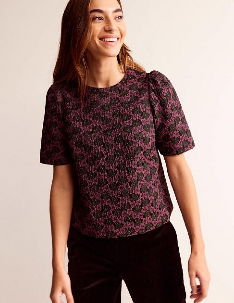 Purple / Black Women\'s Boden Jacquard Short Sleeve Tops | 25367NUWP