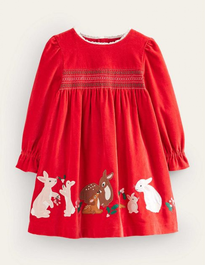 Red Kids' Boden Applique Smocked Velvet Dress | 89562VQHB