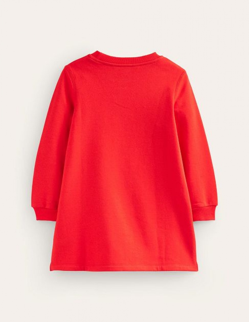 Red Kids' Boden Cosy Appliqué Sweat Shirt Dress | 52798VOUK