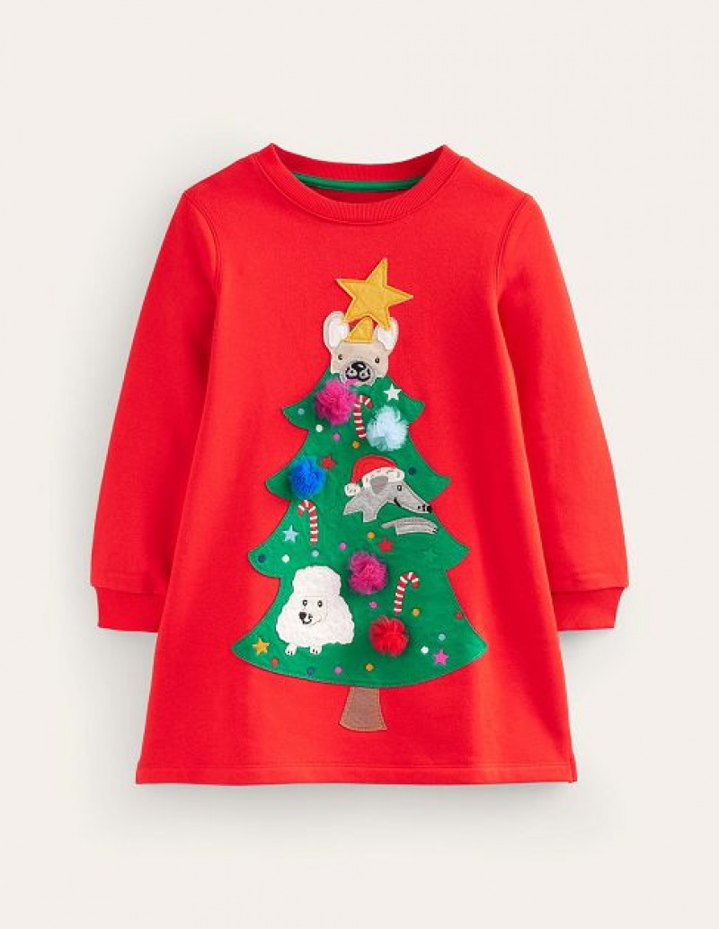 Red Kids\' Boden Cosy Appliqué Sweat Shirt Dress | 52798VOUK