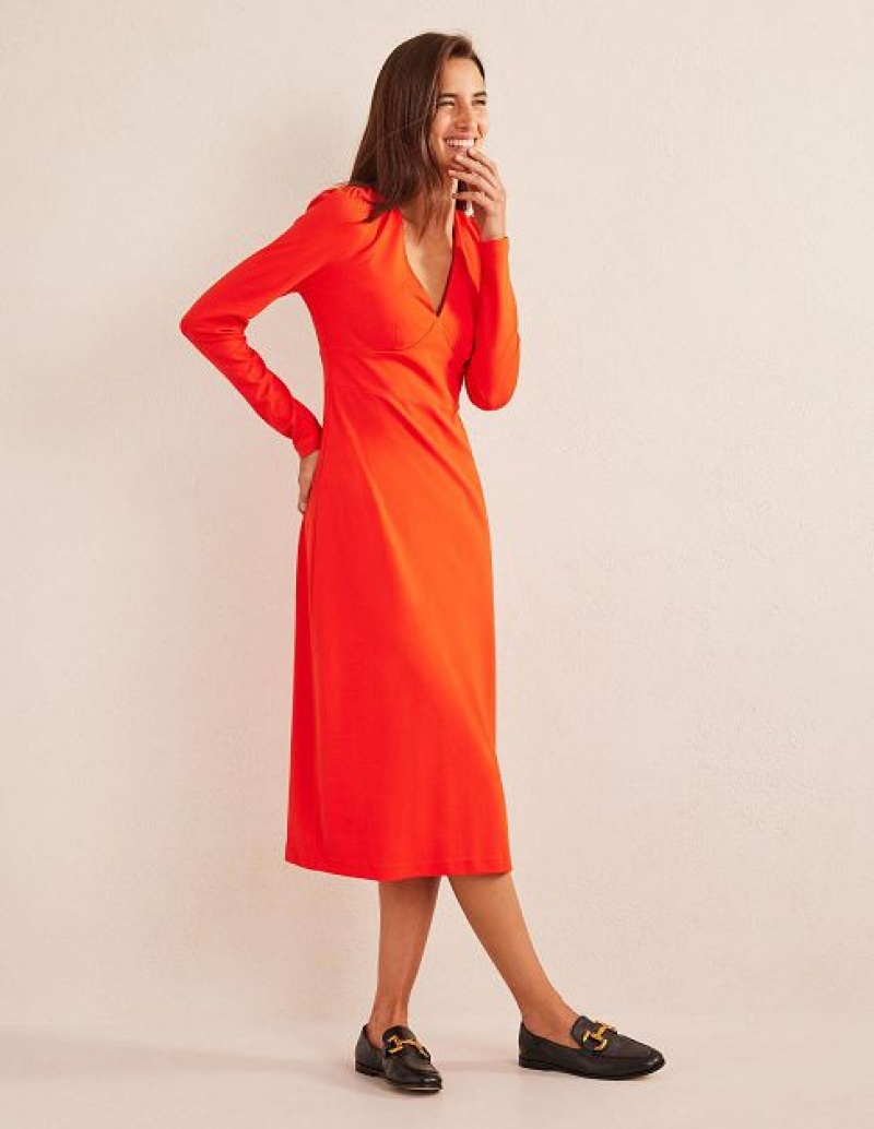 Red Women\'s Boden Column Jersey Midi Dress | 48136UARL