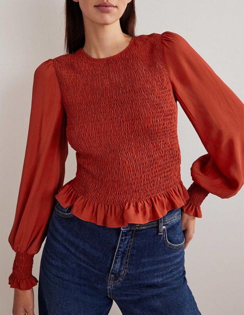 Red Women's Boden Crew Neck Smocked Bodice Tops | 06493GQFL