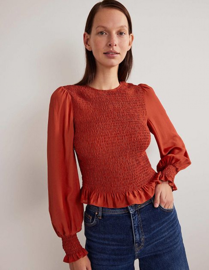 Red Women's Boden Crew Neck Smocked Bodice Tops | 06493GQFL