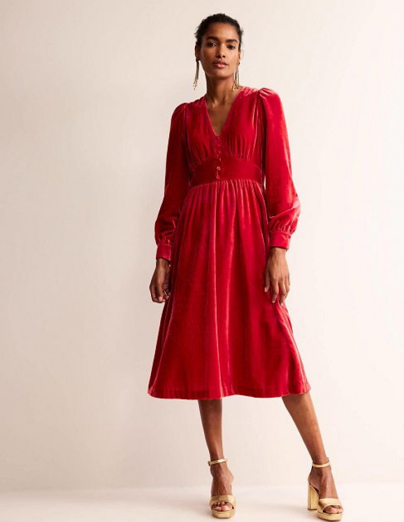 Red Women's Boden Elise Velvet Midi Dress | 35697CHDW