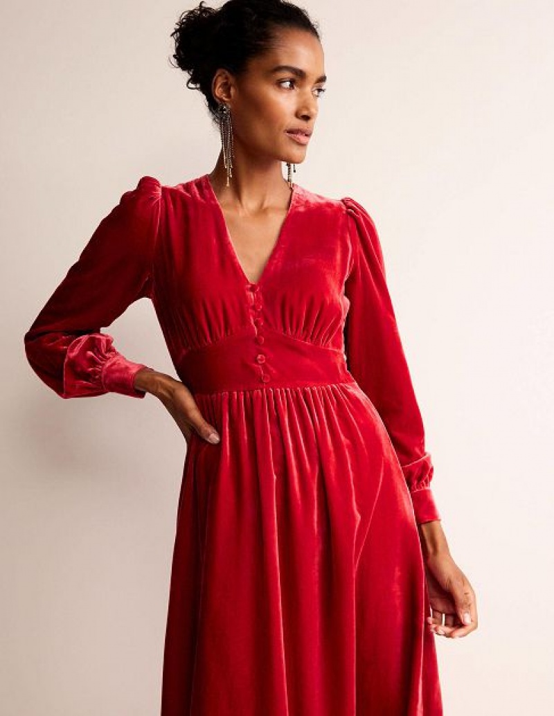 Red Women's Boden Elise Velvet Midi Dress | 35697CHDW