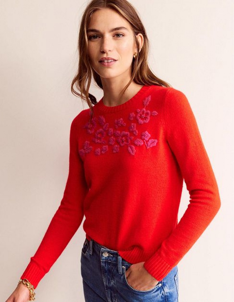 Red Women's Boden Embroidered Crew-neck Sweaters | 65798LIAT