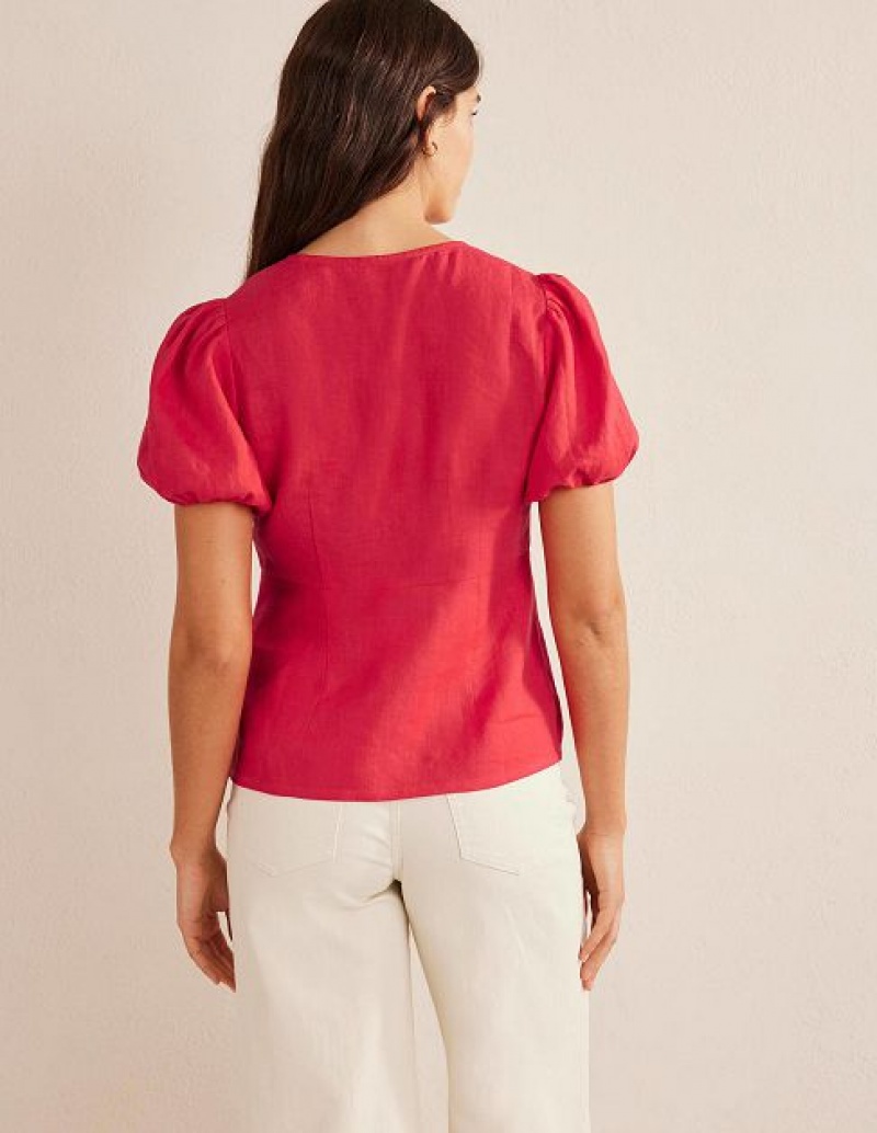 Red Women's Boden Fitted Linen V-neck Tops | 13842SAUN