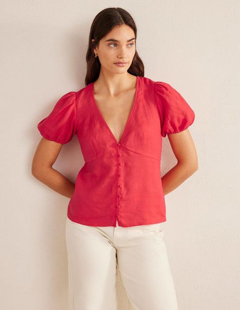 Red Women's Boden Fitted Linen V-neck Tops | 13842SAUN