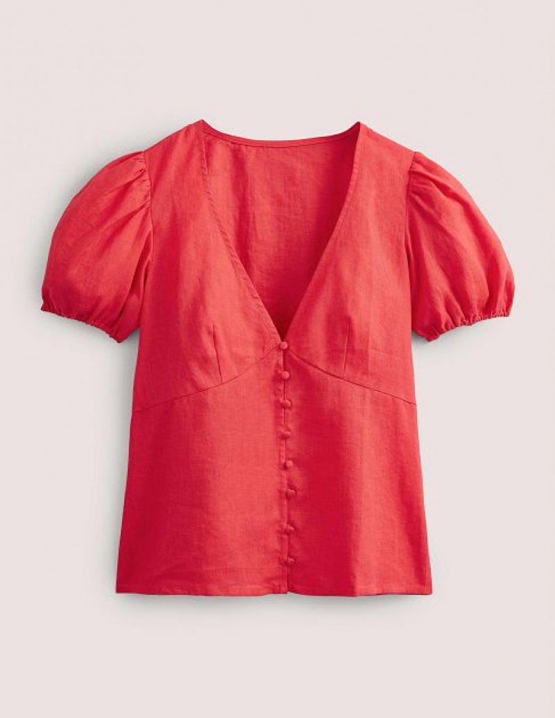 Red Women's Boden Fitted Linen V-neck Tops | 13842SAUN