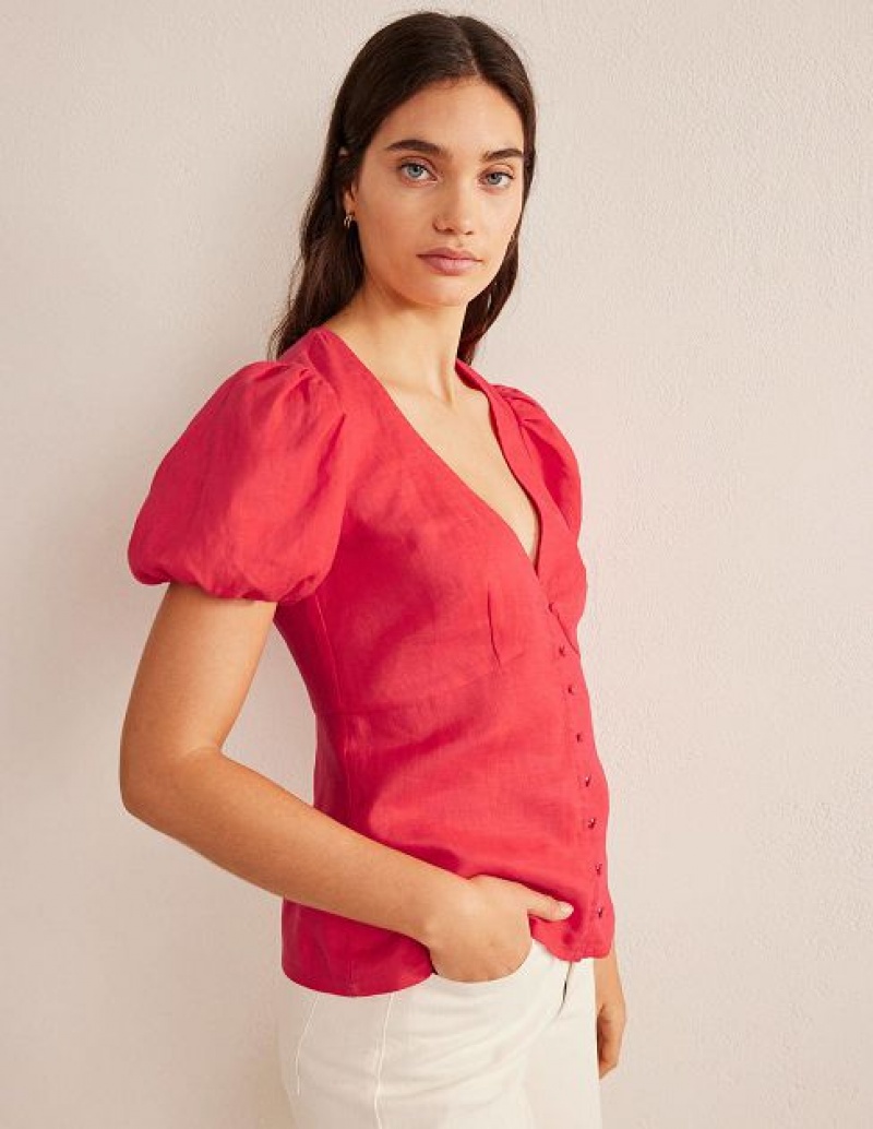 Red Women\'s Boden Fitted Linen V-neck Tops | 13842SAUN