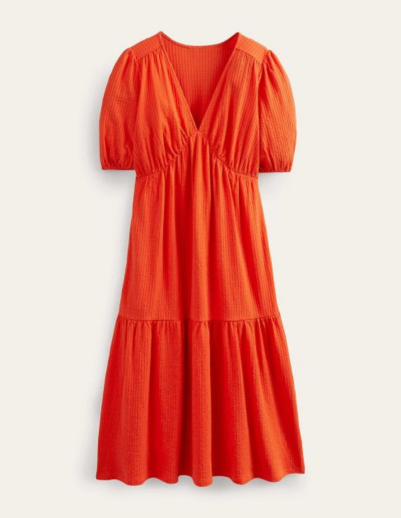 Red Women's Boden Jersey Seersucker Midi Dress | 21604MDZQ