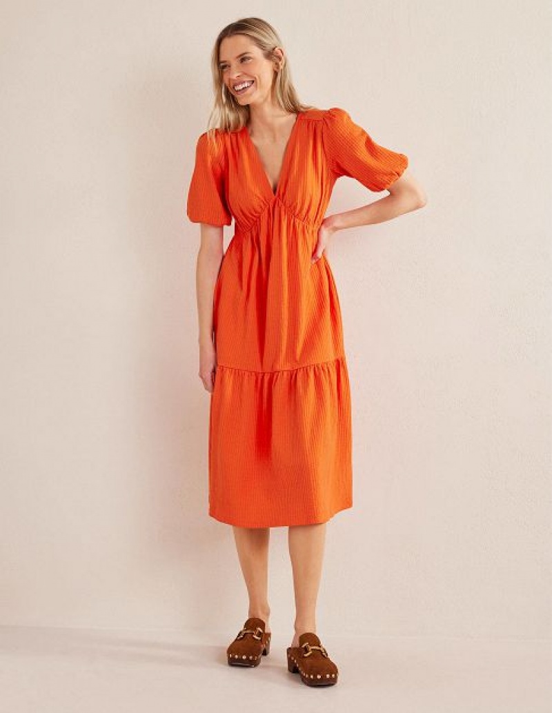 Red Women\'s Boden Jersey Seersucker Midi Dress | 21604MDZQ