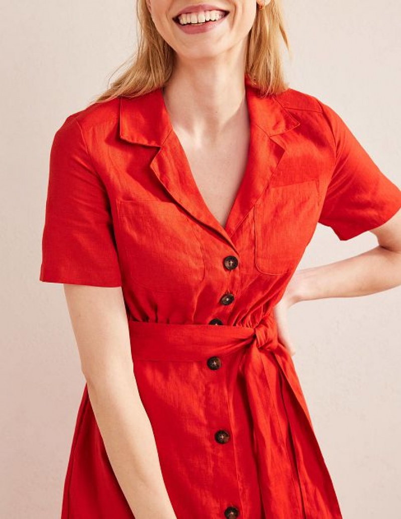 Red Women's Boden Linen Shirt Dress | 35021NGHZ