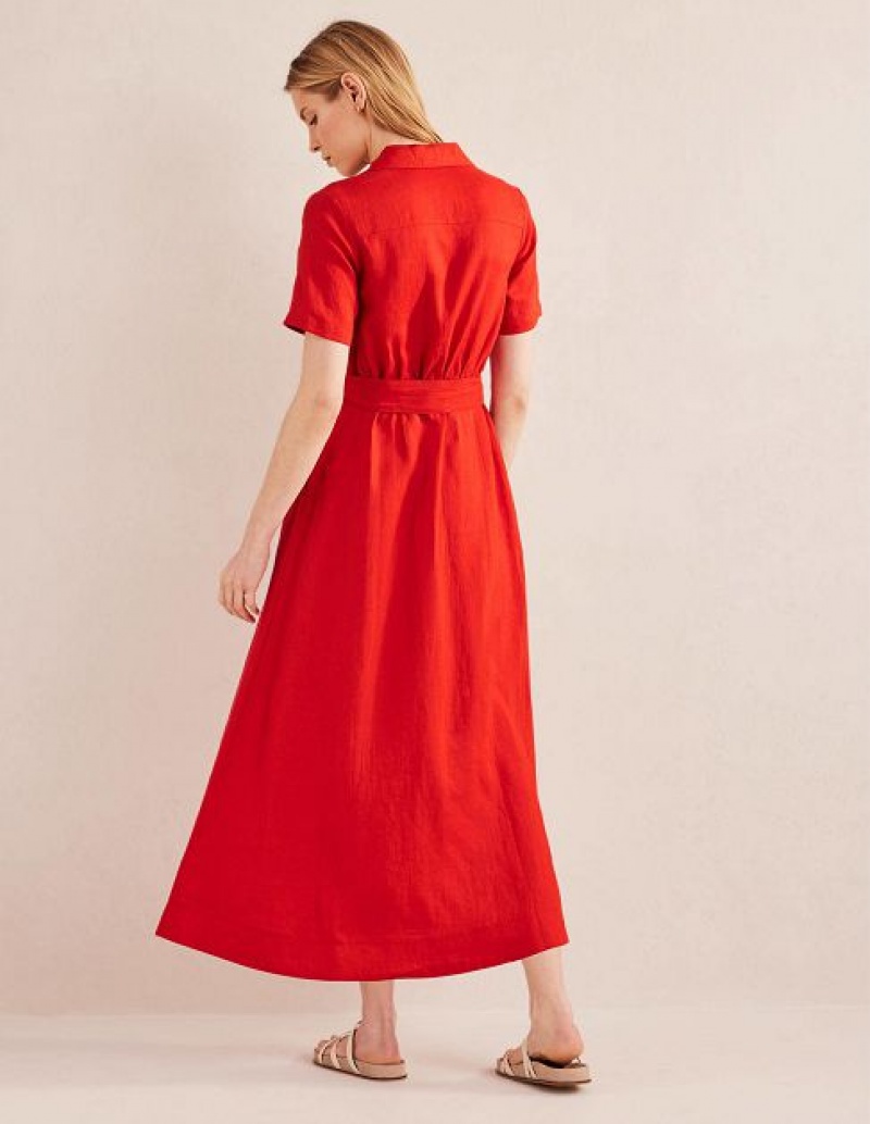 Red Women's Boden Linen Shirt Dress | 35021NGHZ