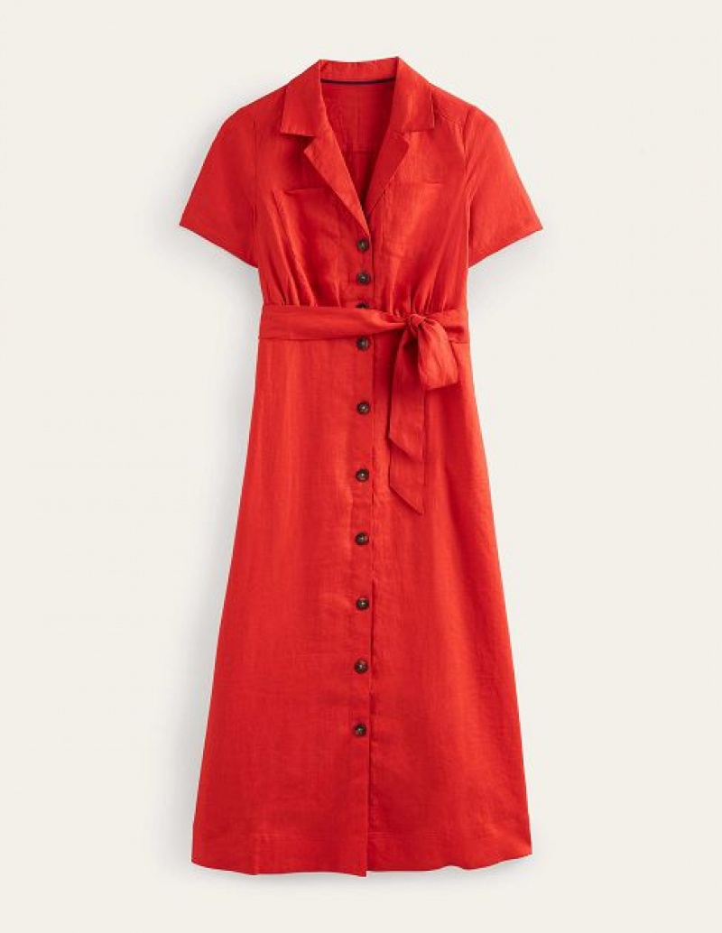 Red Women's Boden Linen Shirt Dress | 35021NGHZ