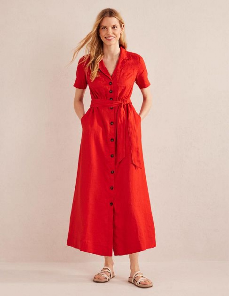 Red Women\'s Boden Linen Shirt Dress | 35021NGHZ