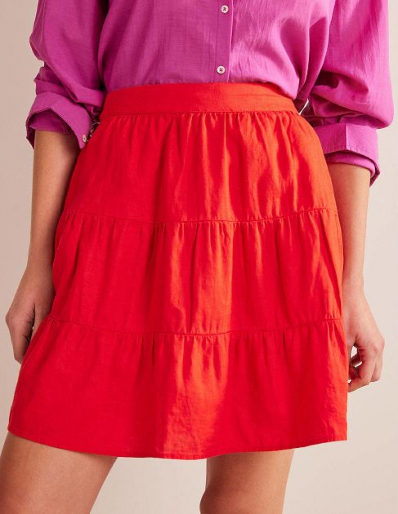 Red Women's Boden Pull On Tiered Linen Skirts | 17254QMJN