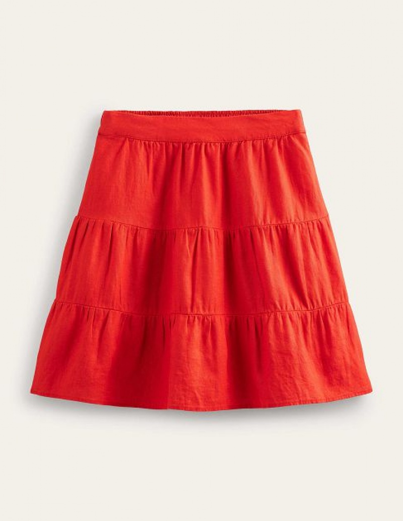 Red Women's Boden Pull On Tiered Linen Skirts | 17254QMJN