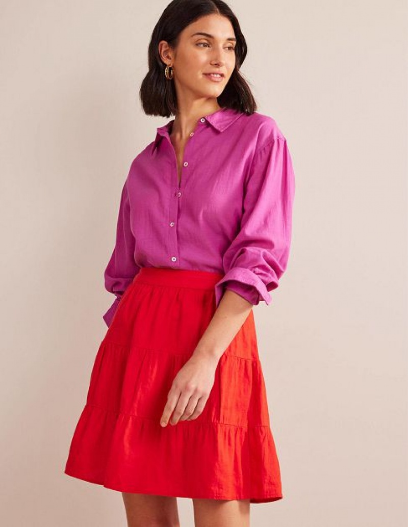 Red Women\'s Boden Pull On Tiered Linen Skirts | 17254QMJN