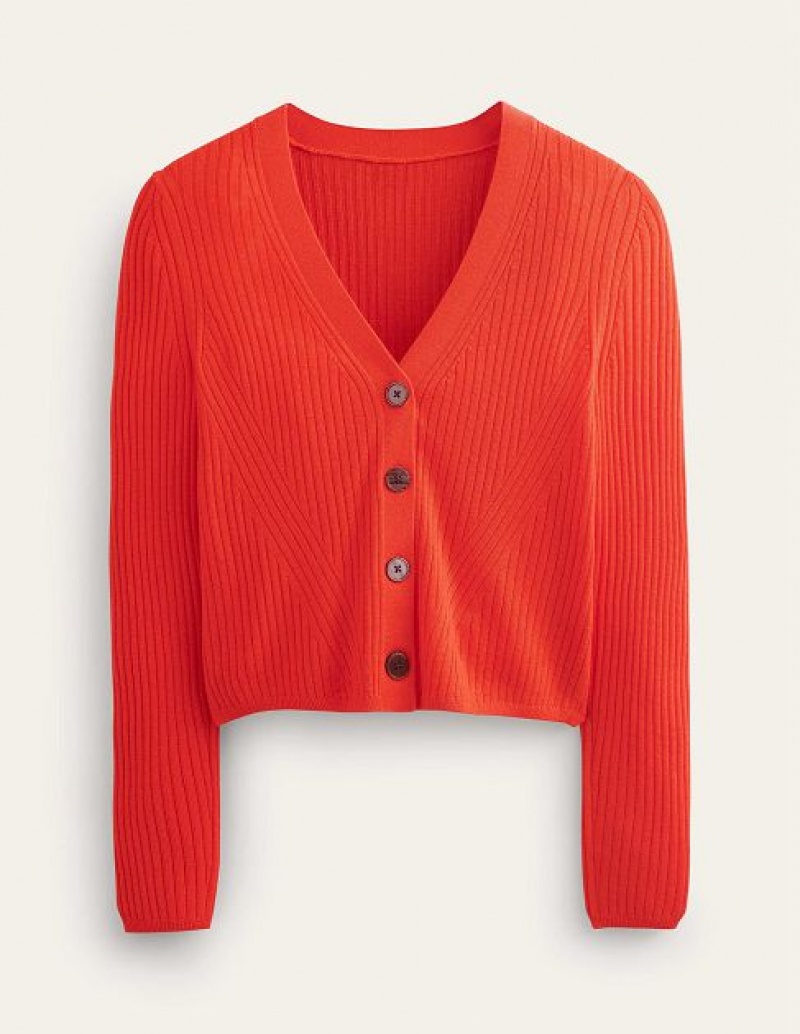 Red Women's Boden Ribbed Merino V Cardigan | 68543CFNU