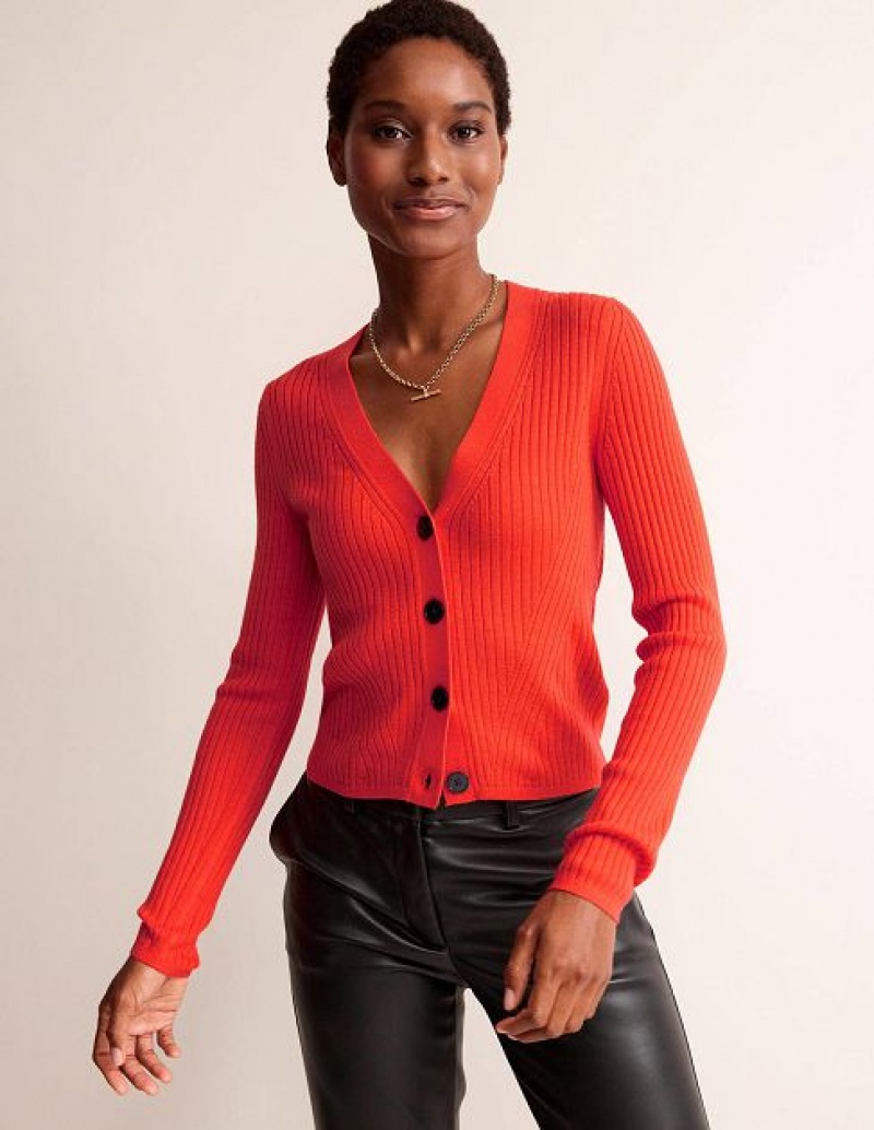 Red Women\'s Boden Ribbed Merino V Cardigan | 68543CFNU