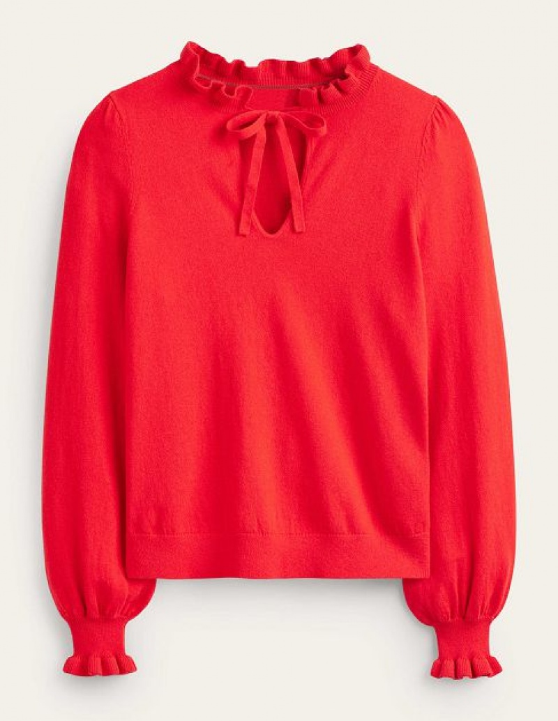 Red Women's Boden Ruffle Tie Neck Jumpers | 91405TLEN