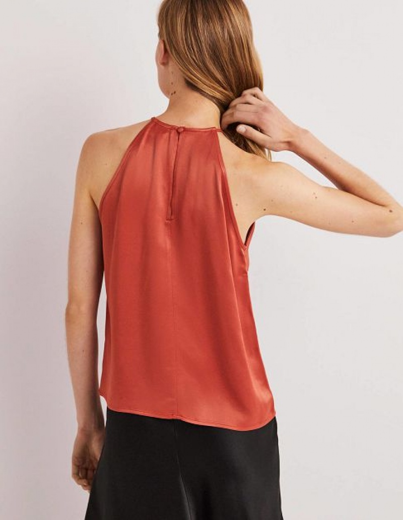 Red Women's Boden Strappy Halterneck Satin Tops | 41235NHMO