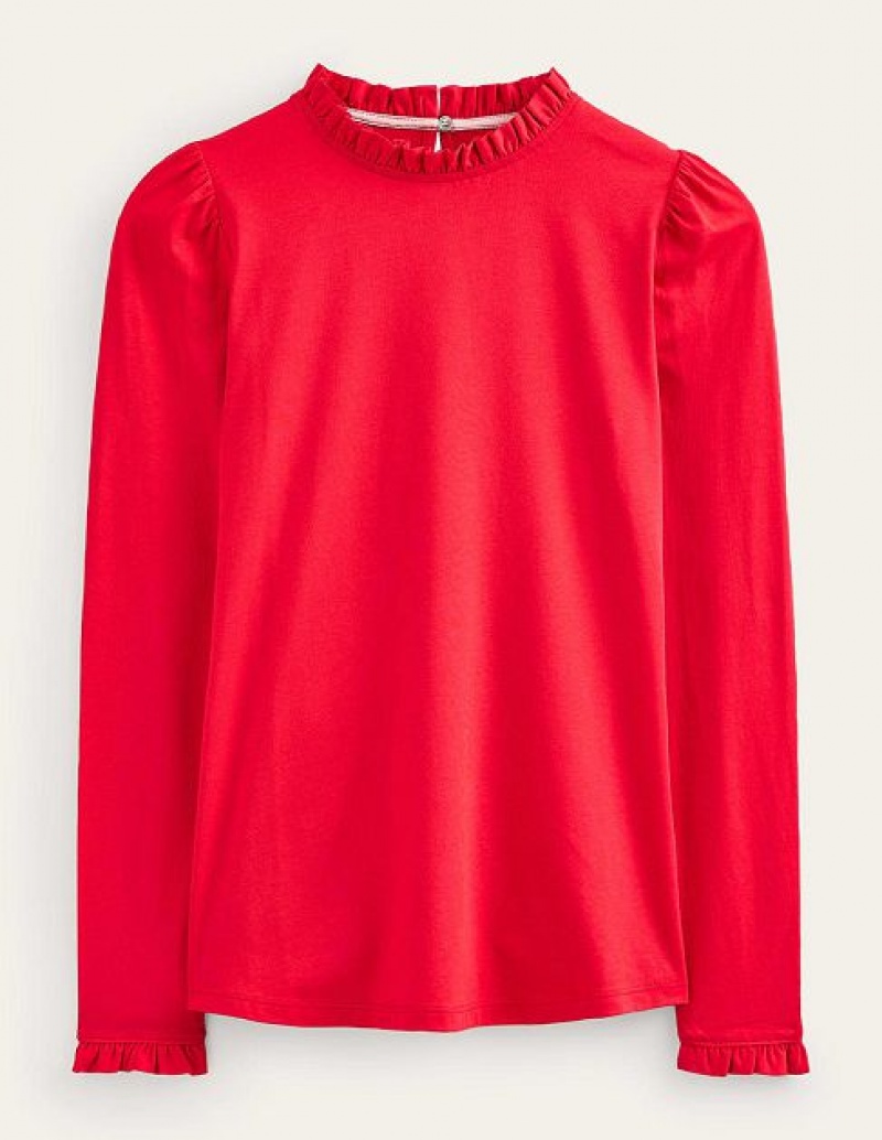 Red Women's Boden Supersoft Frill Detail Tops | 95824QMGU