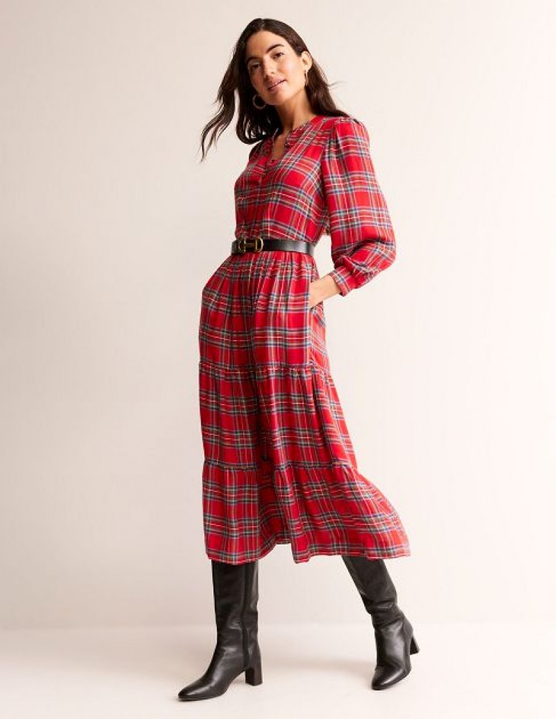 Red Women's Boden Tartan Maxi Dress | 03678SYGR