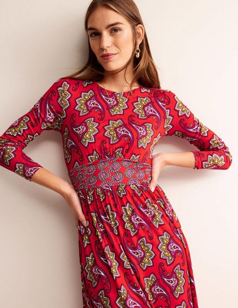 Red Women's Boden Thea Long Sleeve Midi Dress | 09738JUDP