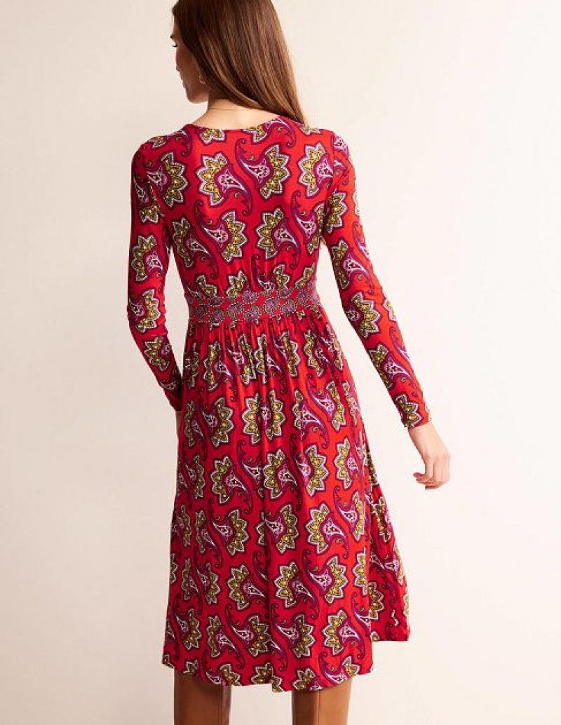 Red Women's Boden Thea Long Sleeve Midi Dress | 09738JUDP