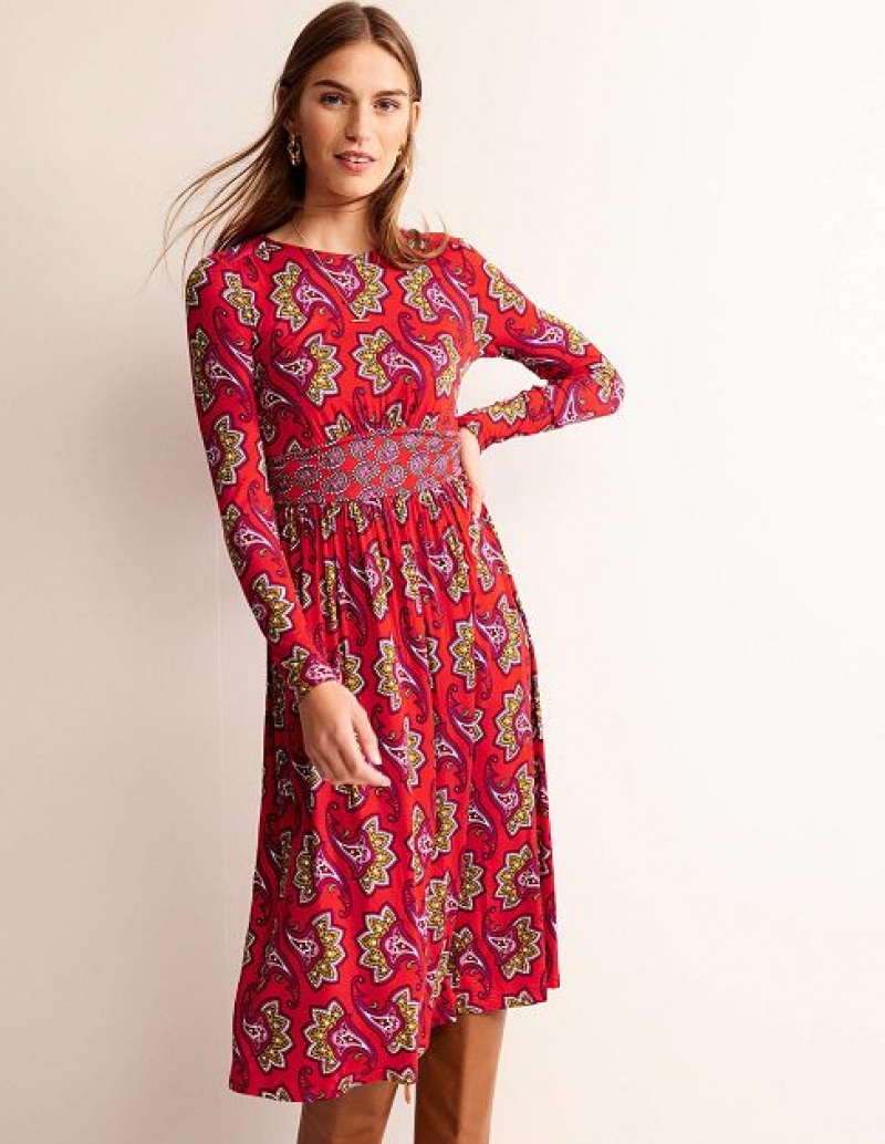 Red Women's Boden Thea Long Sleeve Midi Dress | 09738JUDP