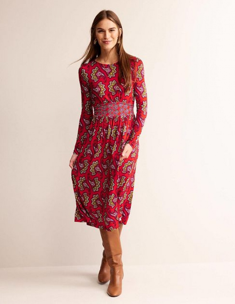 Red Women\'s Boden Thea Long Sleeve Midi Dress | 09738JUDP