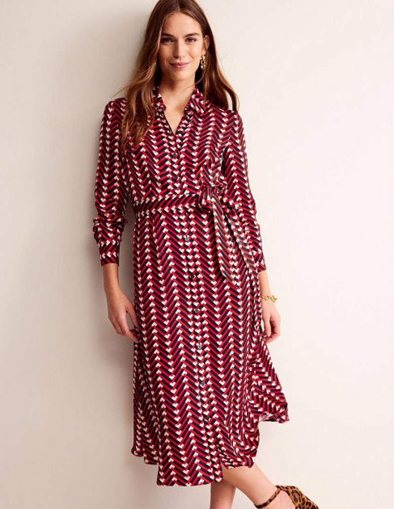 Red / Black / White Women's Boden Kate Satin Shirt Dress | 42518EIVJ