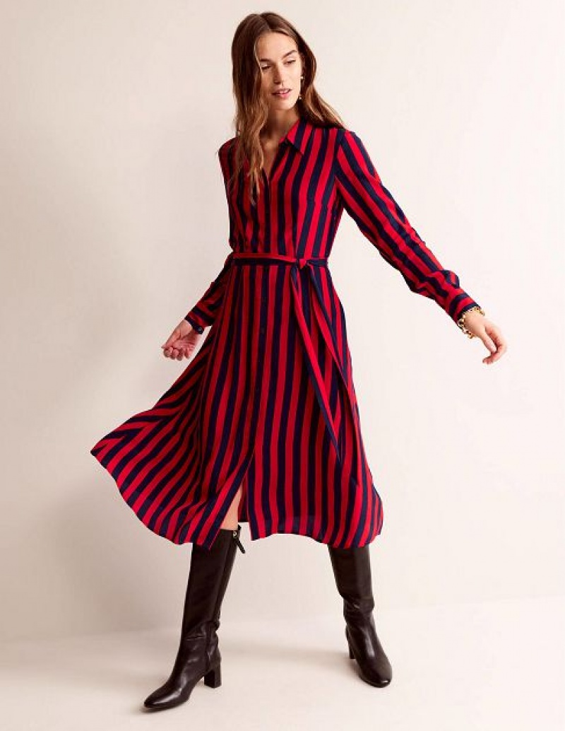 Red / Navy Women's Boden Kate Shirt Dress | 63825AMDX