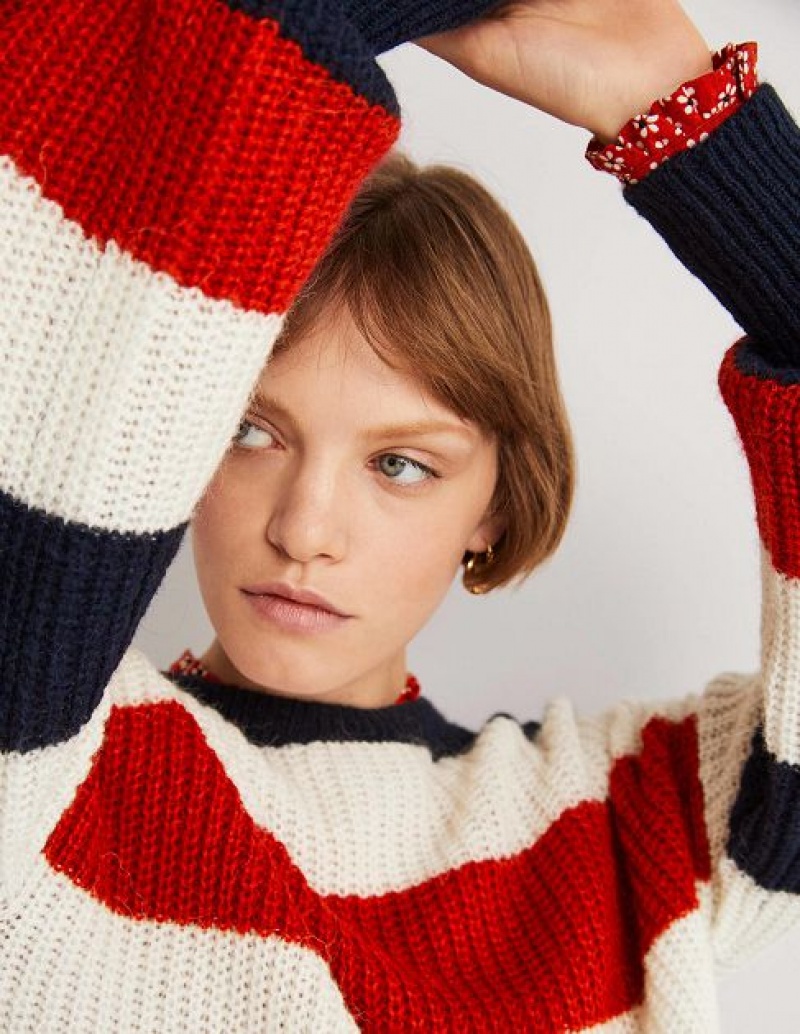 Red / Navy / White Stripes Women's Boden Blouson Cuff Fluffy Sweaters | 92410GSFM