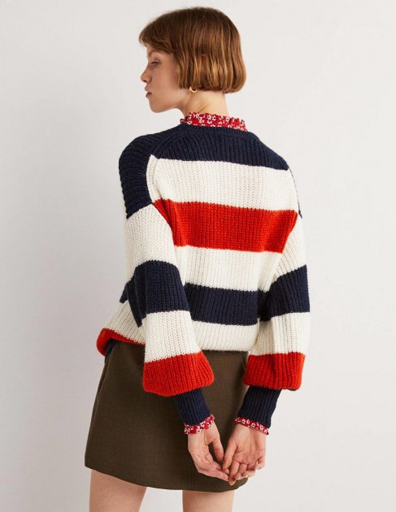 Red / Navy / White Stripes Women's Boden Blouson Cuff Fluffy Sweaters | 92410GSFM