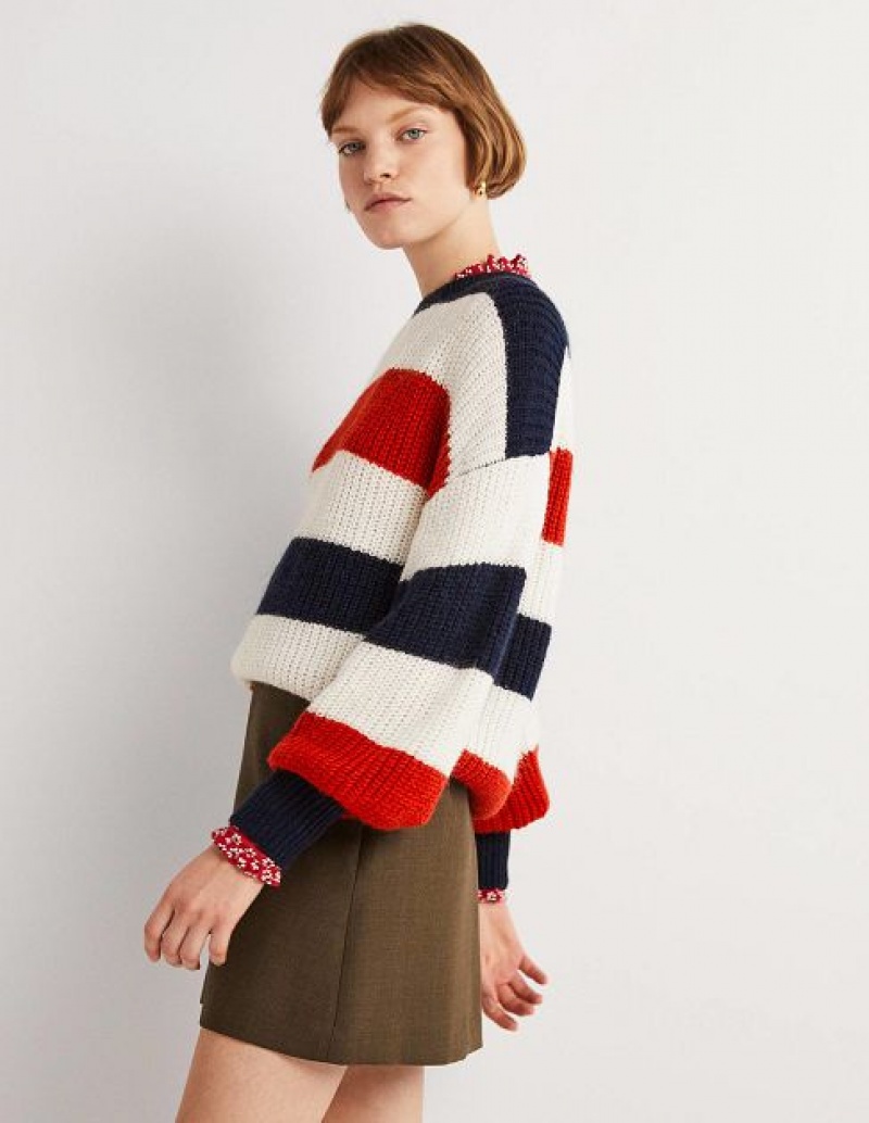 Red / Navy / White Stripes Women's Boden Blouson Cuff Fluffy Sweaters | 92410GSFM