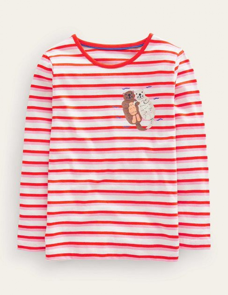 Red / Pink Kids\' Boden Logo Slub Long Sleeve T-Shirt | 97136KWVP