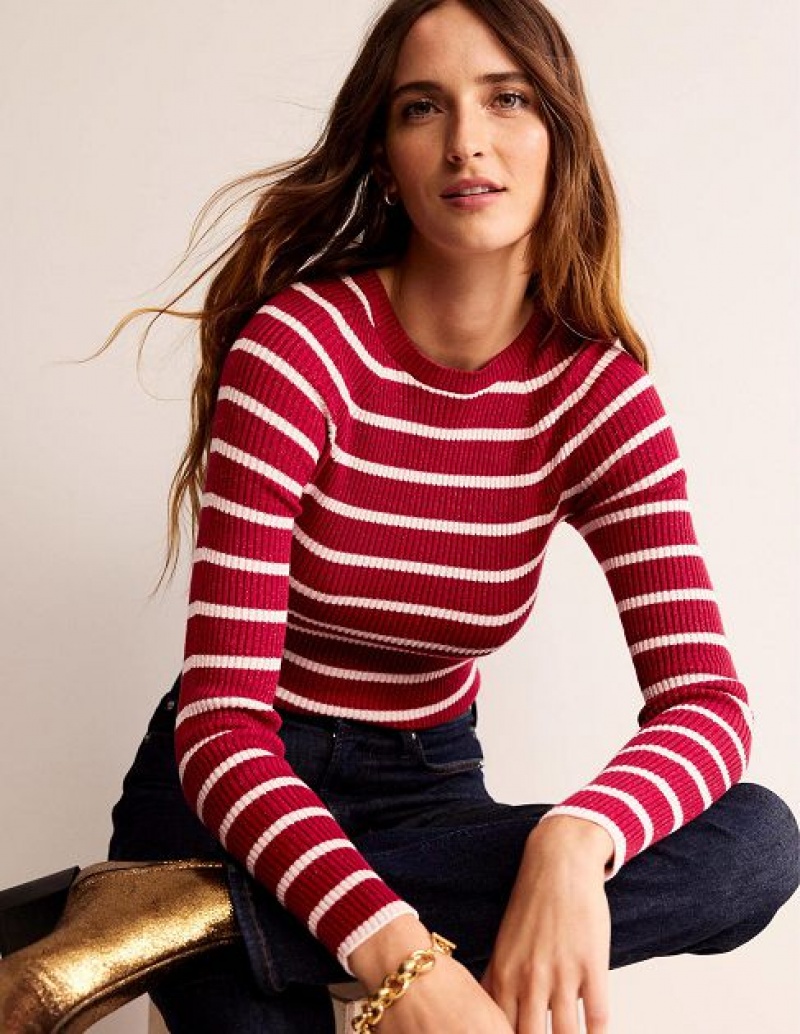 Red / Pink Stripes Women's Boden Effie Sparkle Stripe Sweaters | 98076VAKB