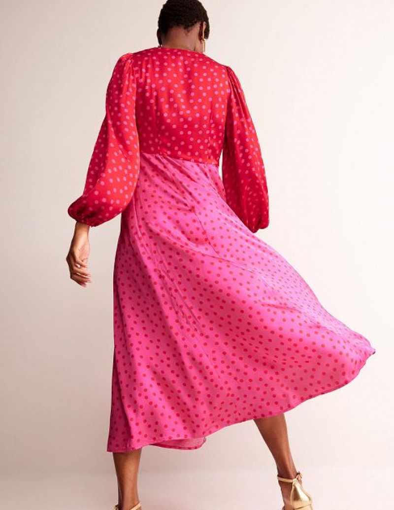 Red / Pink Women's Boden Blouson Sleeve Midi Dress | 13986JKQF