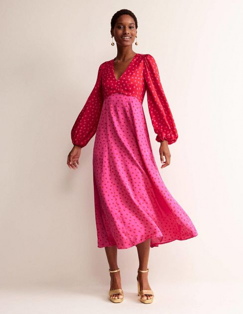 Red / Pink Women's Boden Blouson Sleeve Midi Dress | 13986JKQF